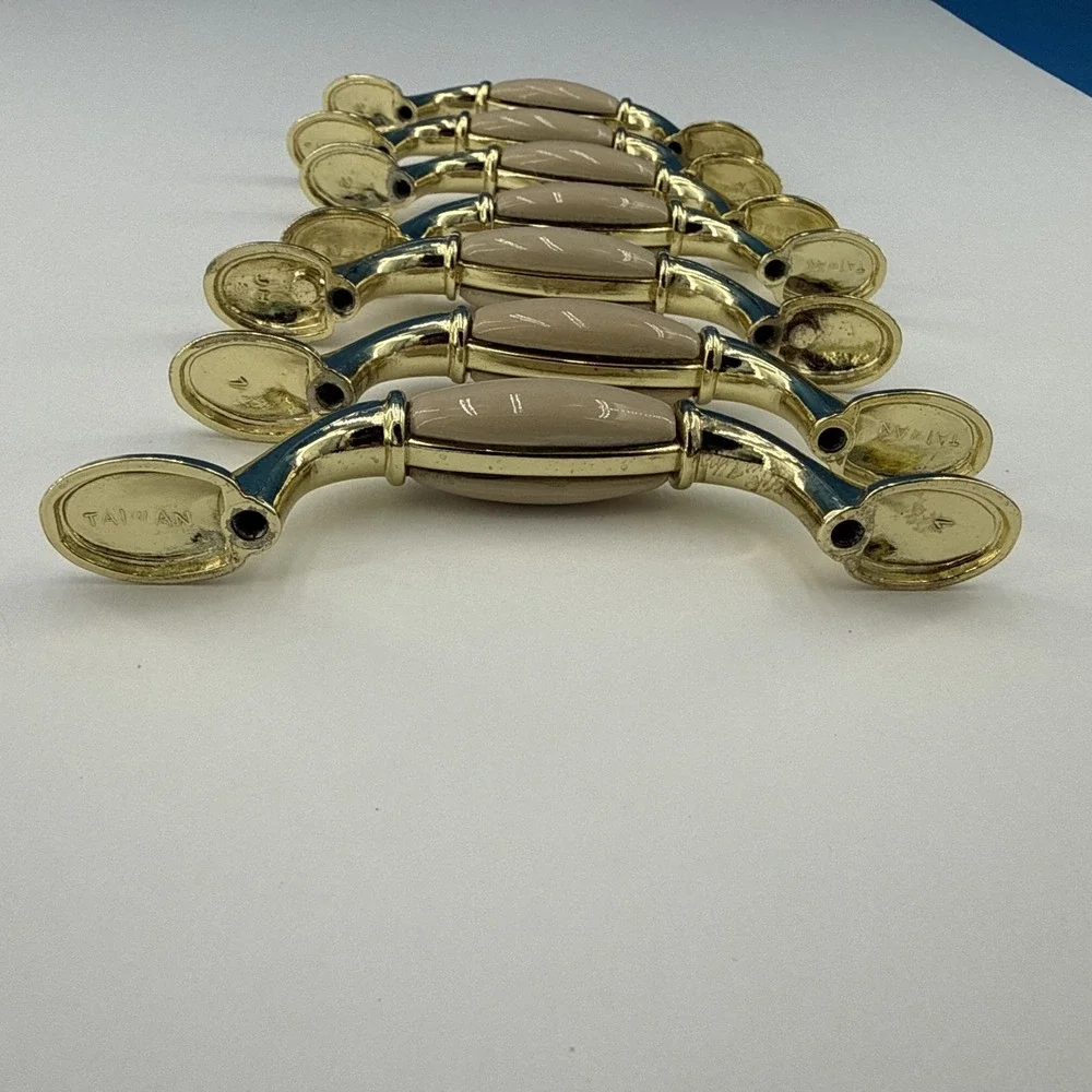 Drawer Pulls Cabinet Handles Set Of 7 Cream Ceramic Gold Brass Metal Ends